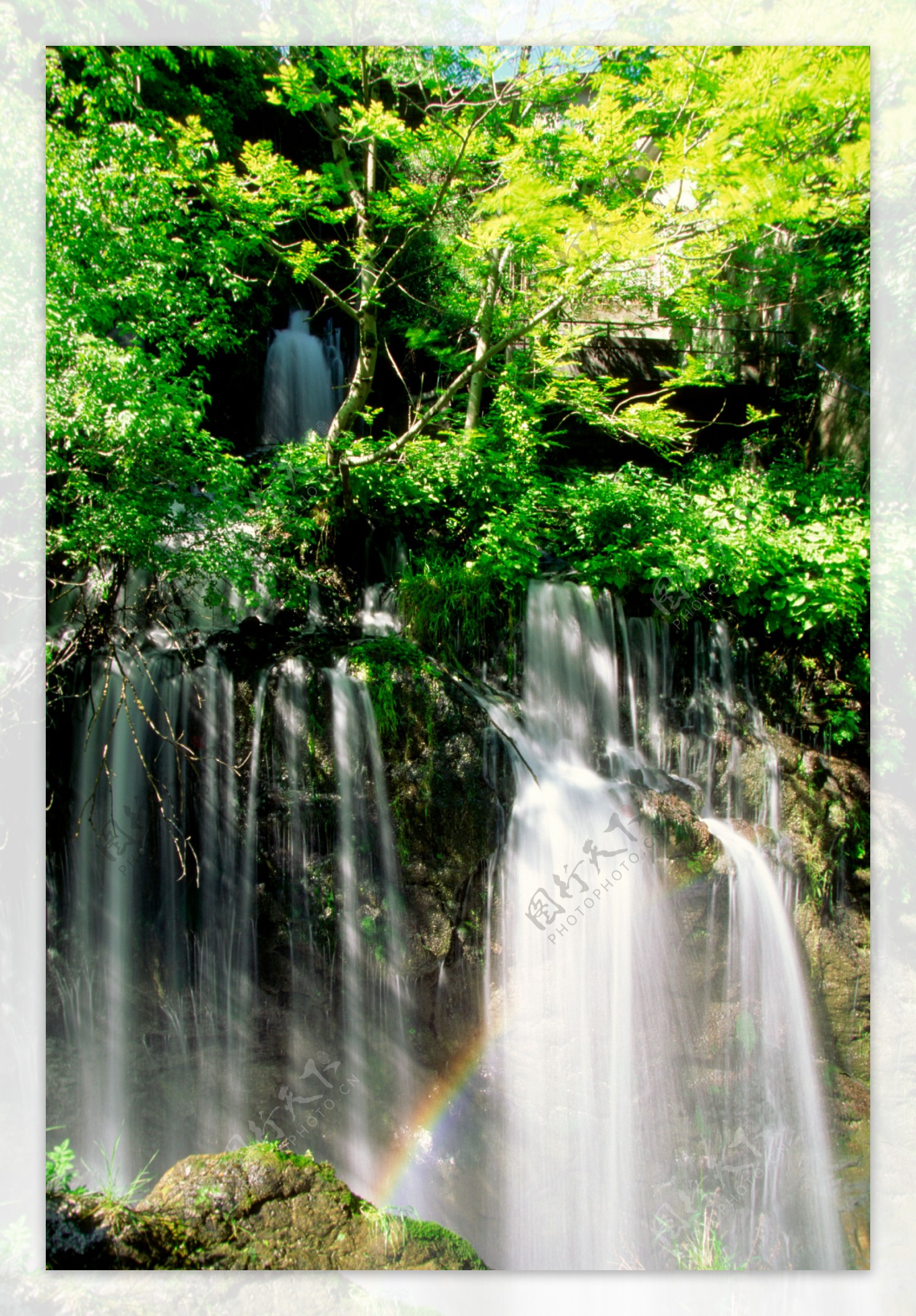 林间彩虹瀑布图片