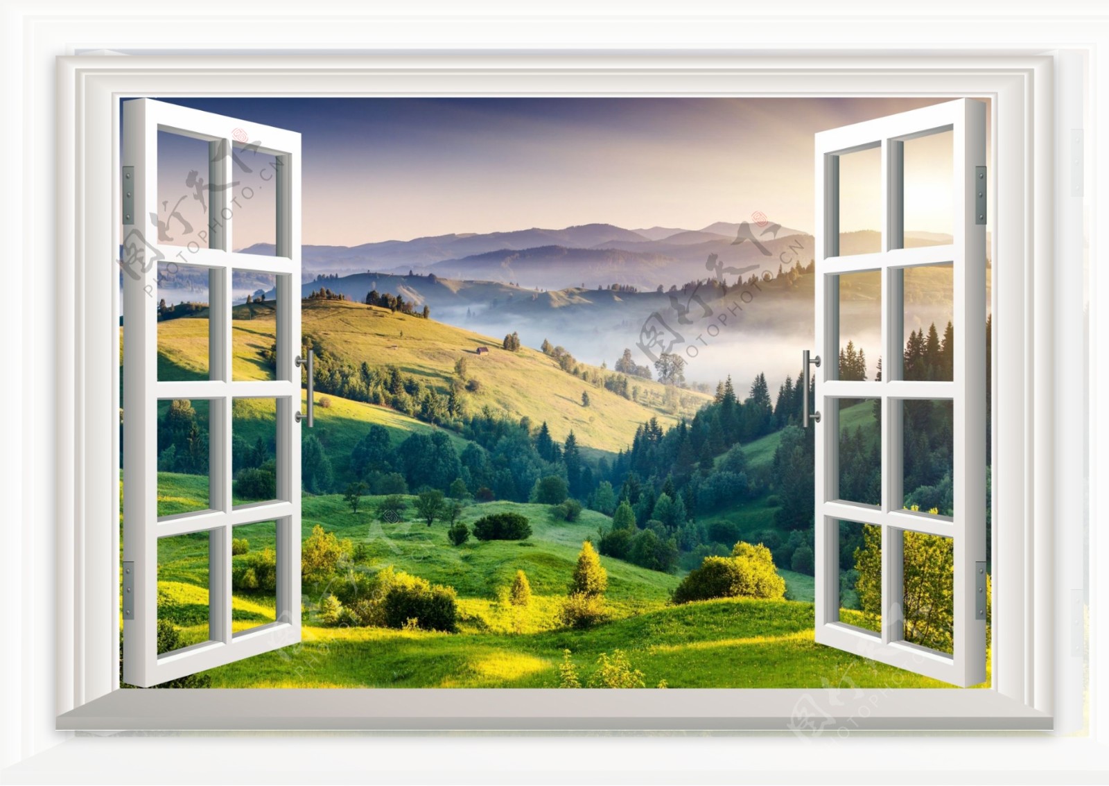 3D窗户高山绿草美景图片