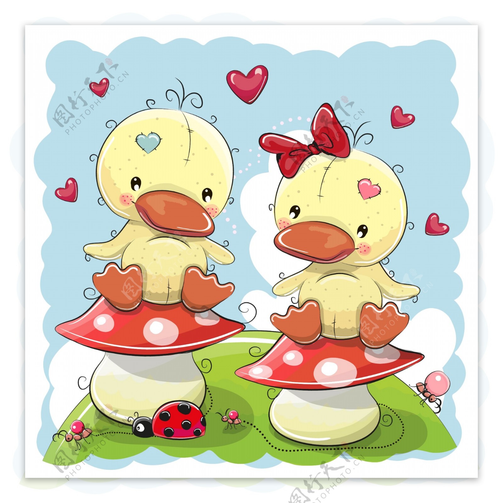 蘑菇上的小鸭子卡通动物插画矢量素材