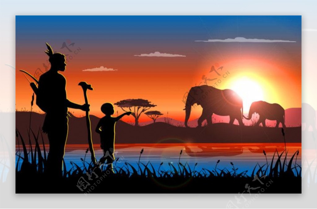 非洲人物大象插画图片