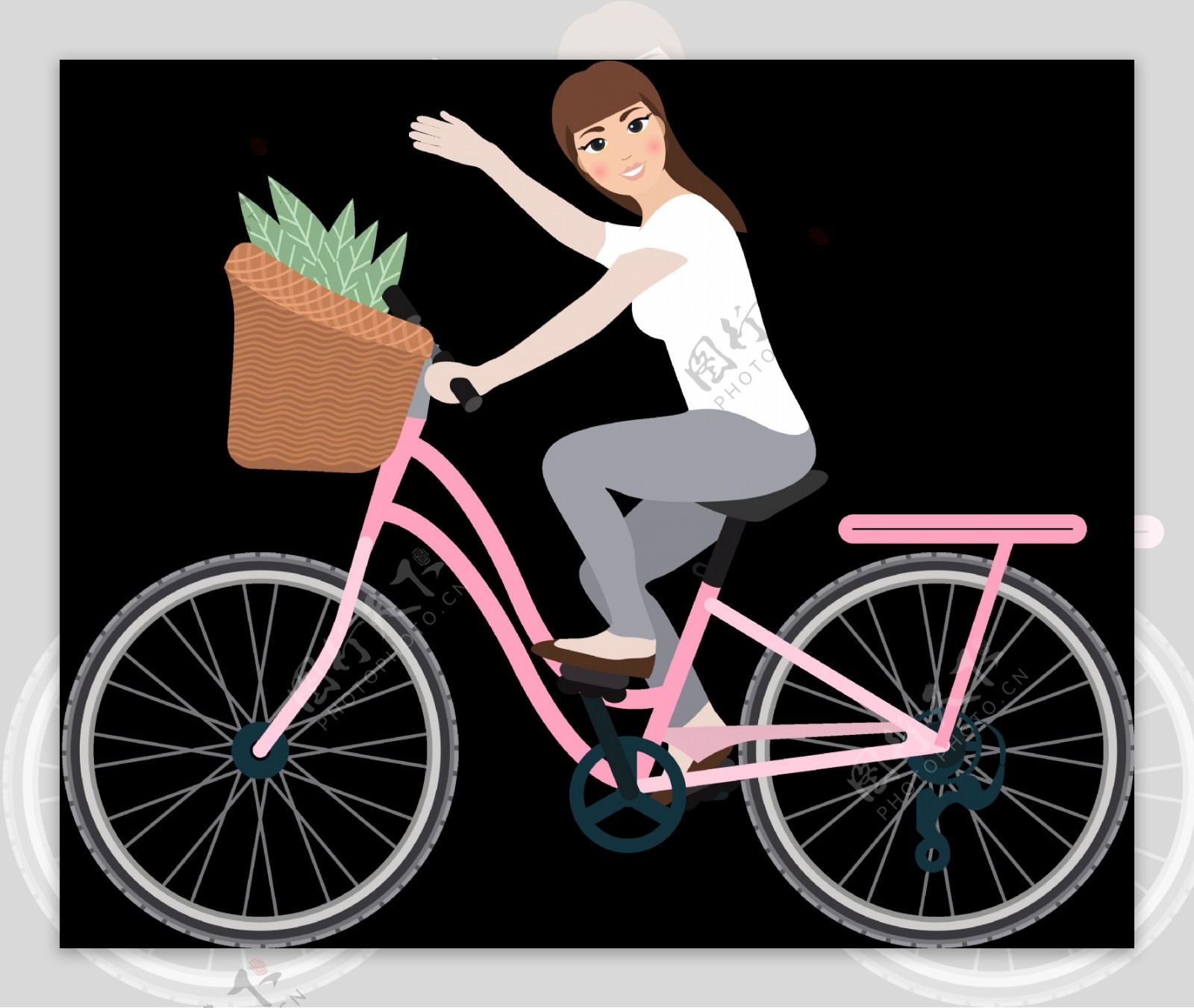 白衣女子骑自行车买菜免抠png透明素材