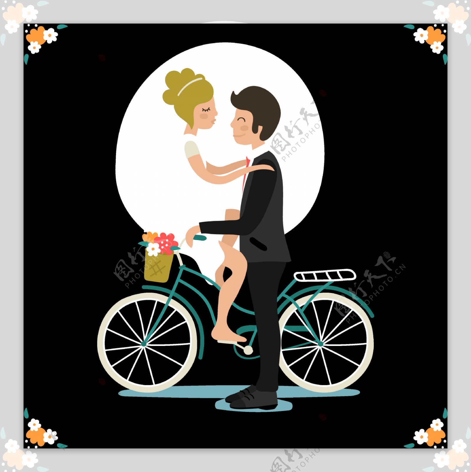 浪漫夫妇自行车插画免抠png透明图层素材