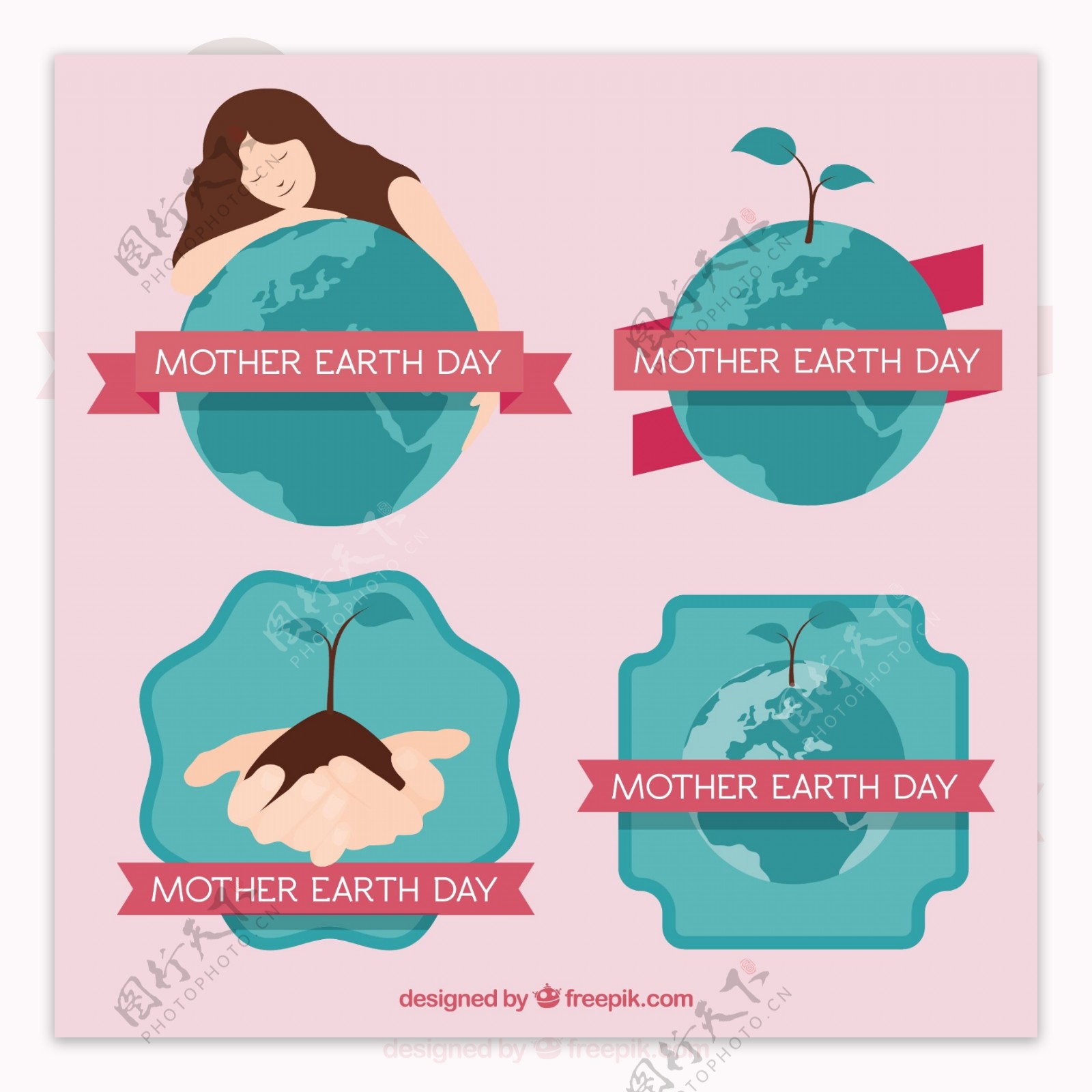 一套带丝带的地球日贴纸平面设计