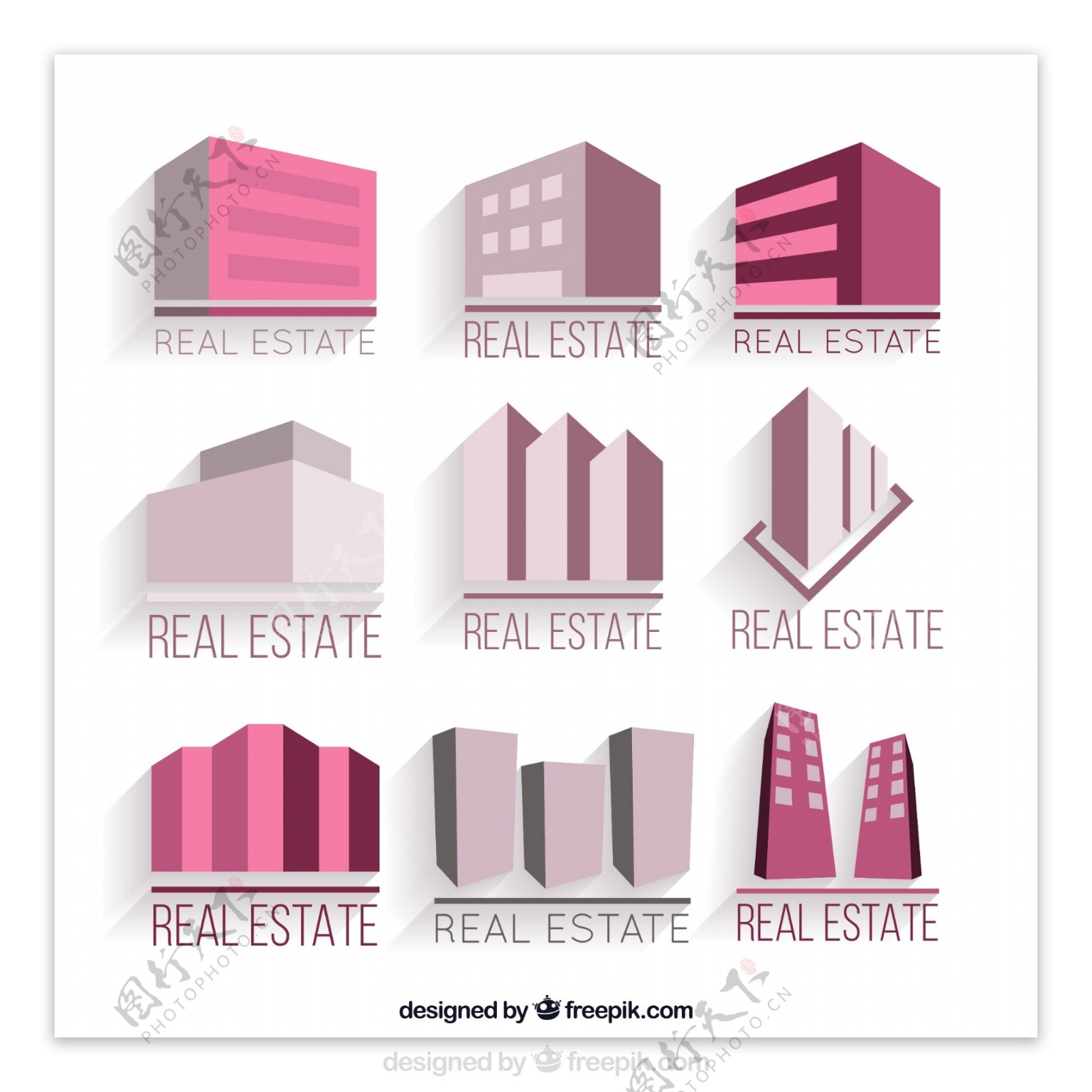 9款紫色立体建筑房地产标志矢量图