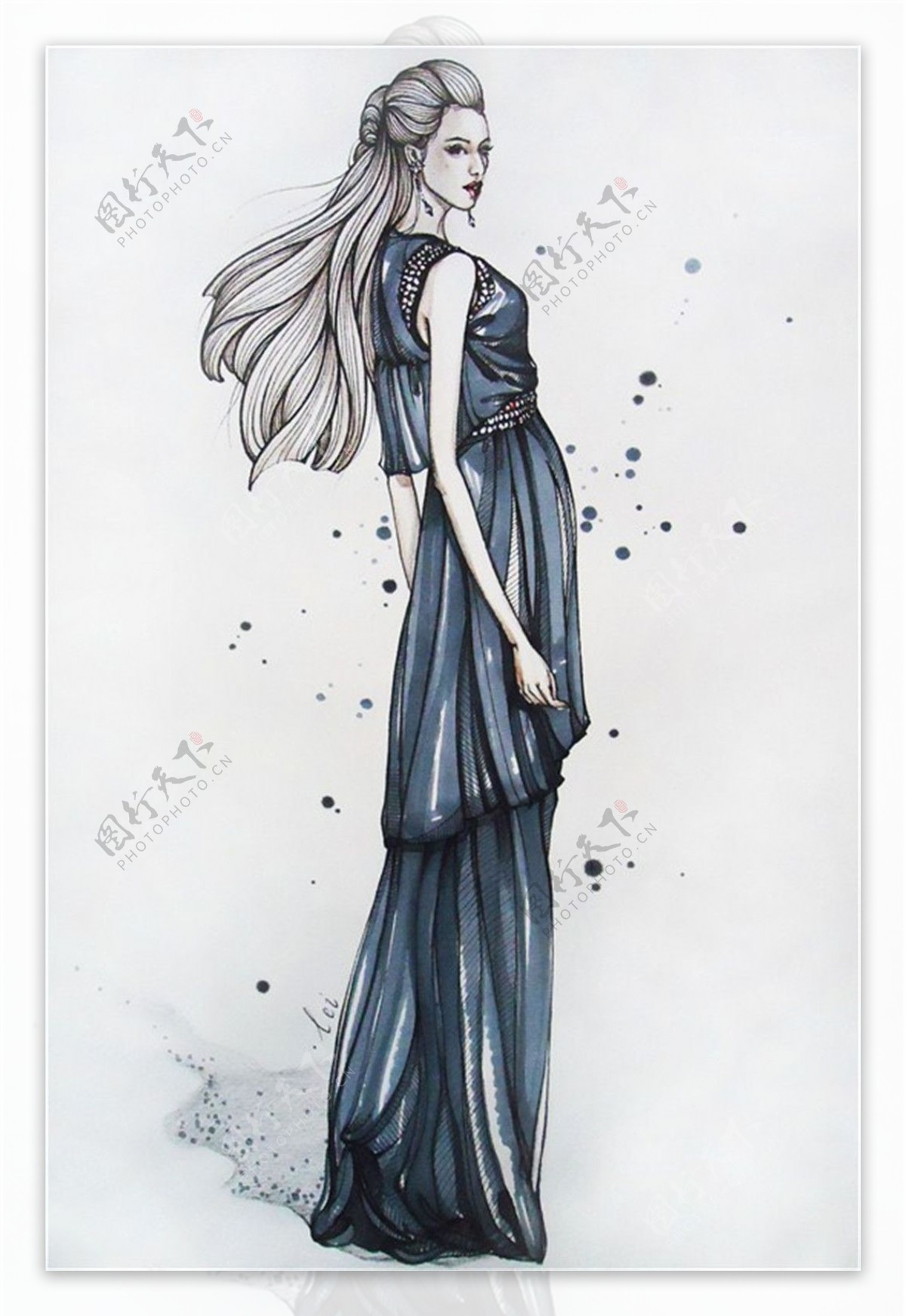 深蓝色长裙设计图