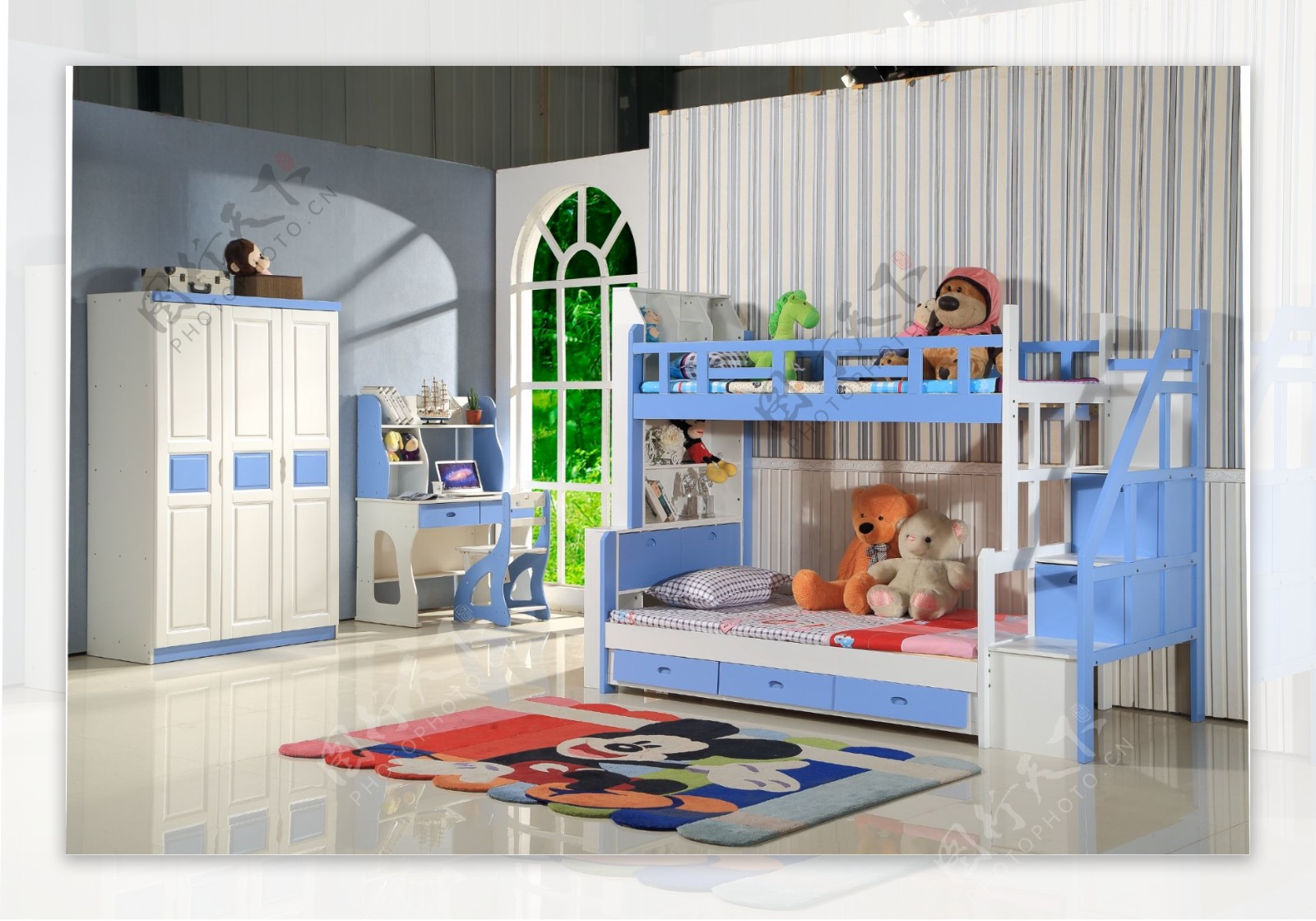 实木床高低床蓝色上下床儿童床家具实木衣柜
