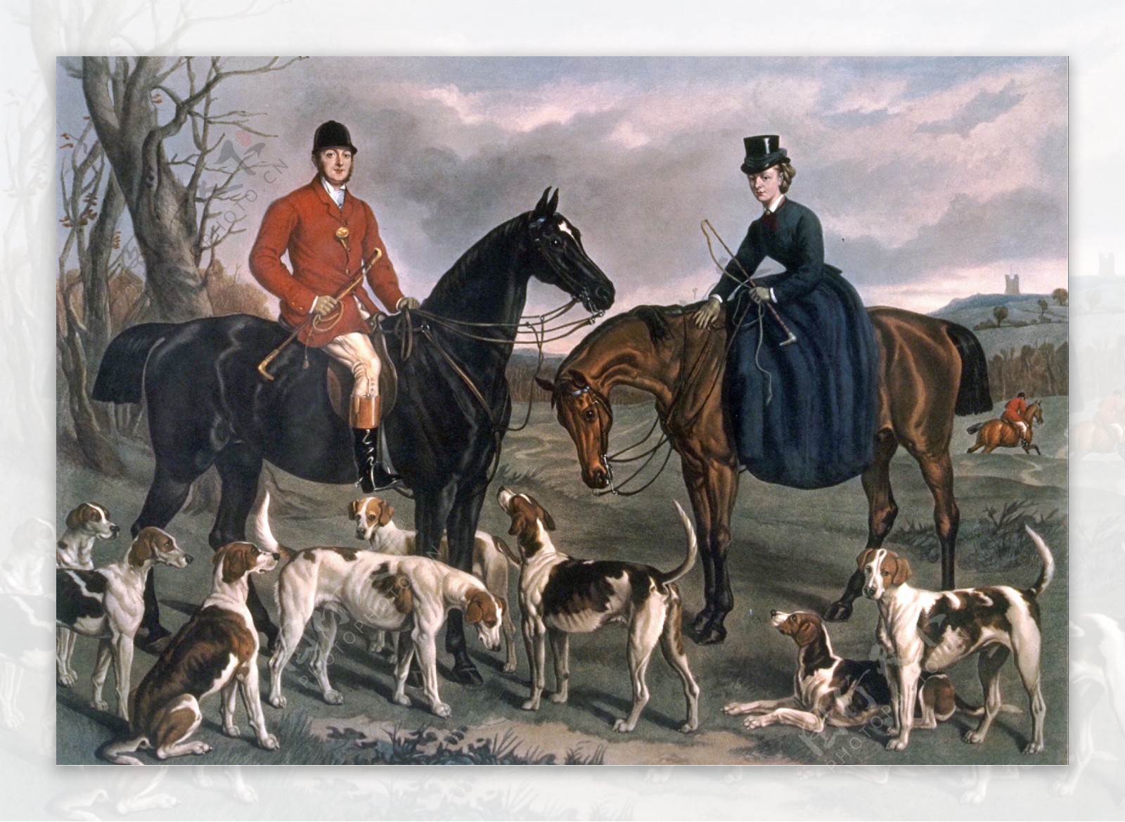 油画骑马的人物与狗图片