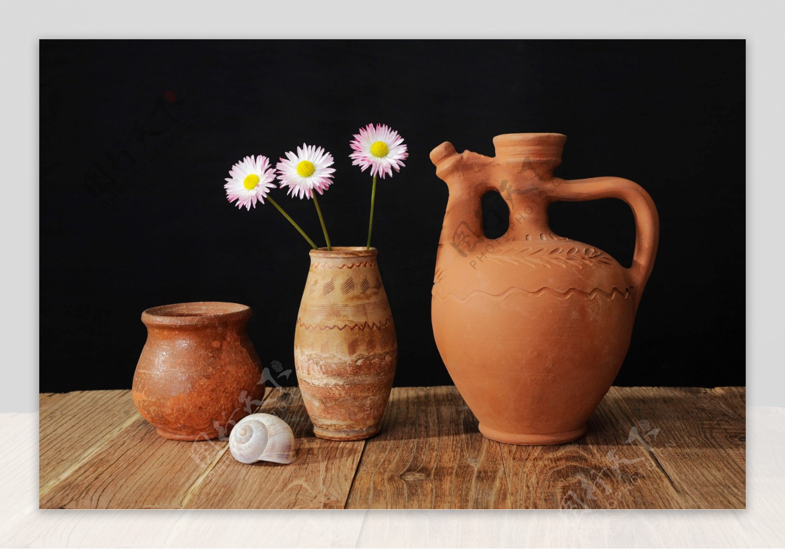 陶瓷的花瓶和三朵菊花图片