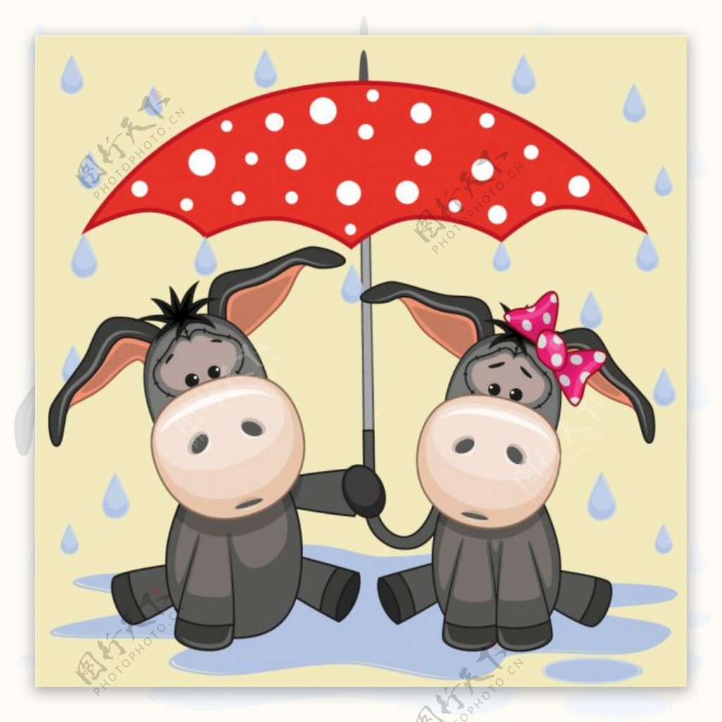 雨伞下可爱卡通动物毛驴矢量图素材