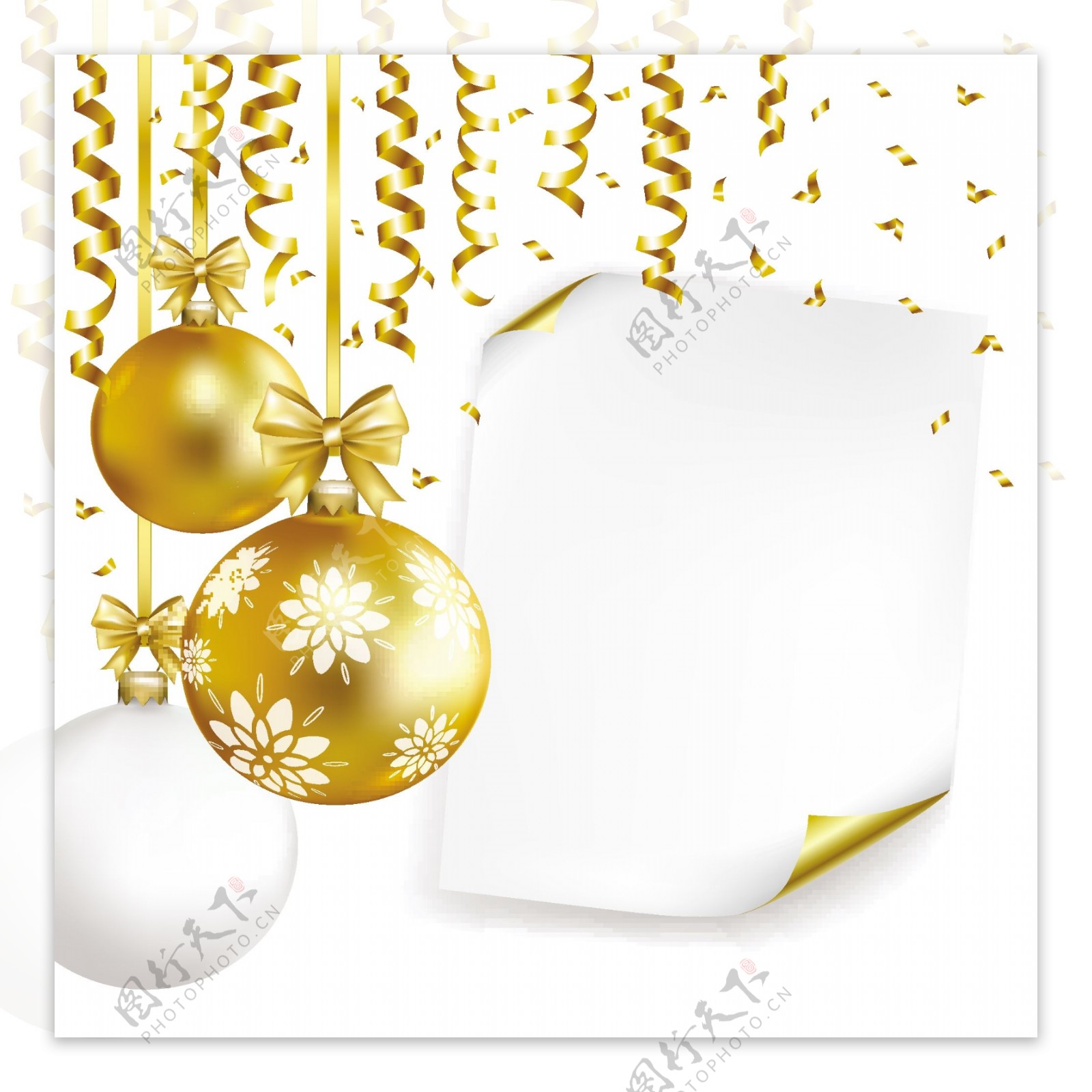 金色圣诞节装饰彩带和纸