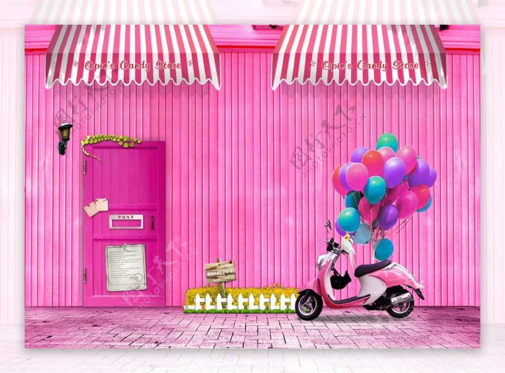 粉红色浪漫小木屋影楼摄影背景图片