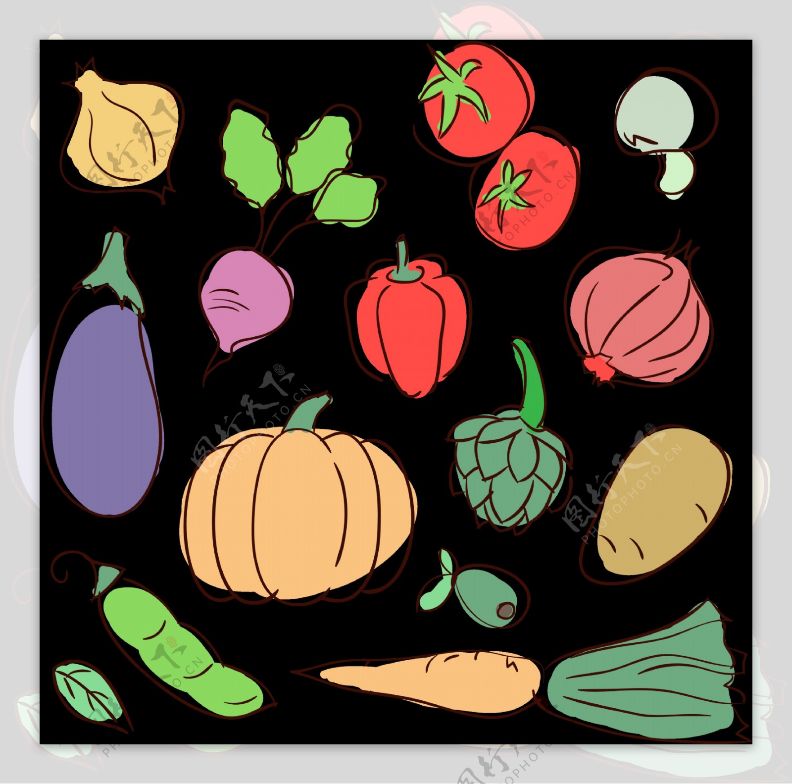 手绘彩色蔬菜插图免抠png透明图层素材