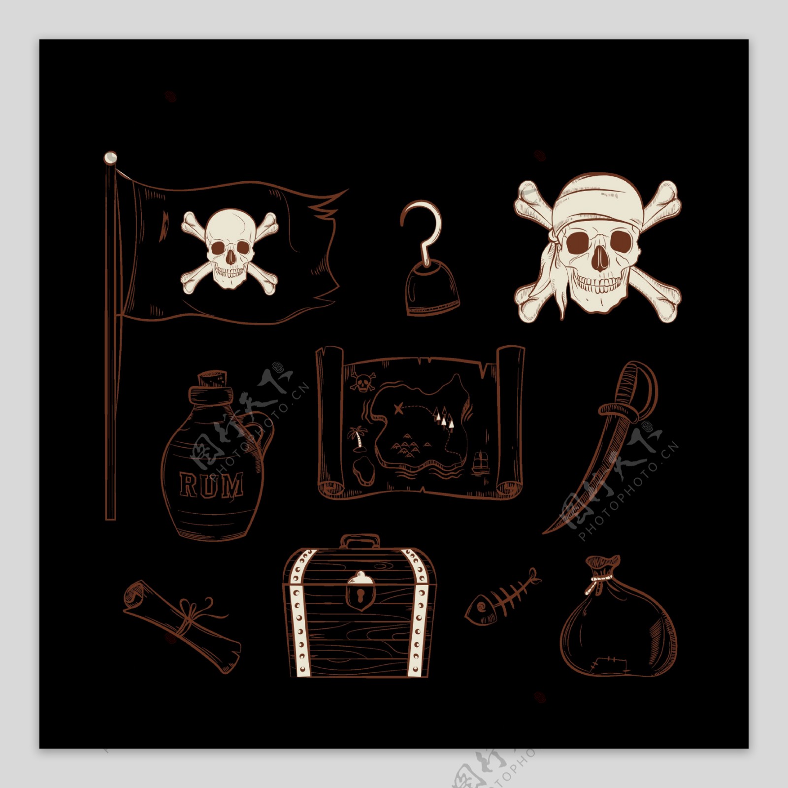 手绘素描风格海盗元素图免抠png透明素材