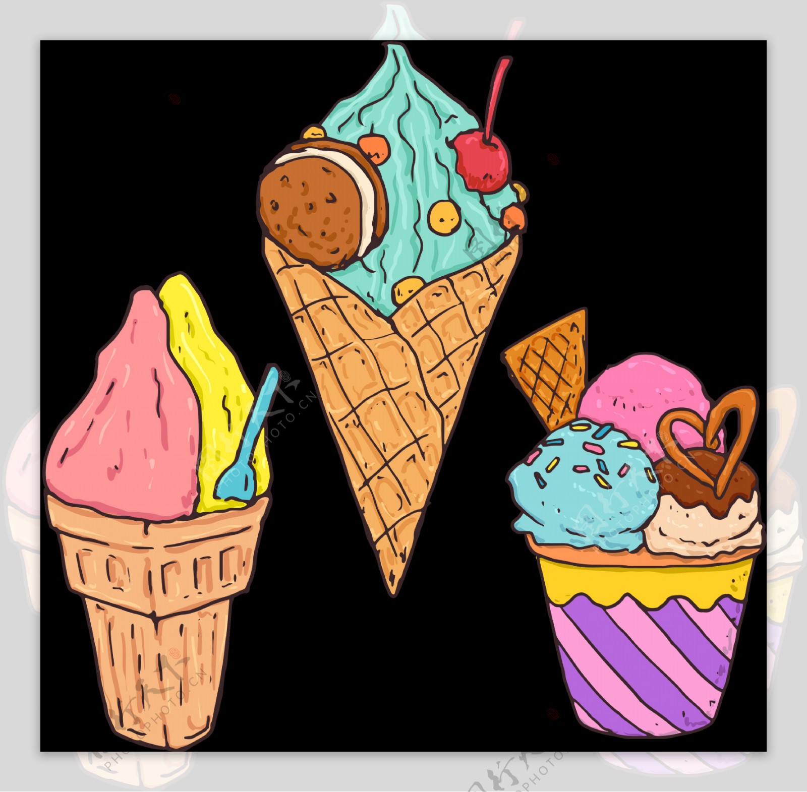 彩色手绘冰淇淋插图免抠png透明图层素材