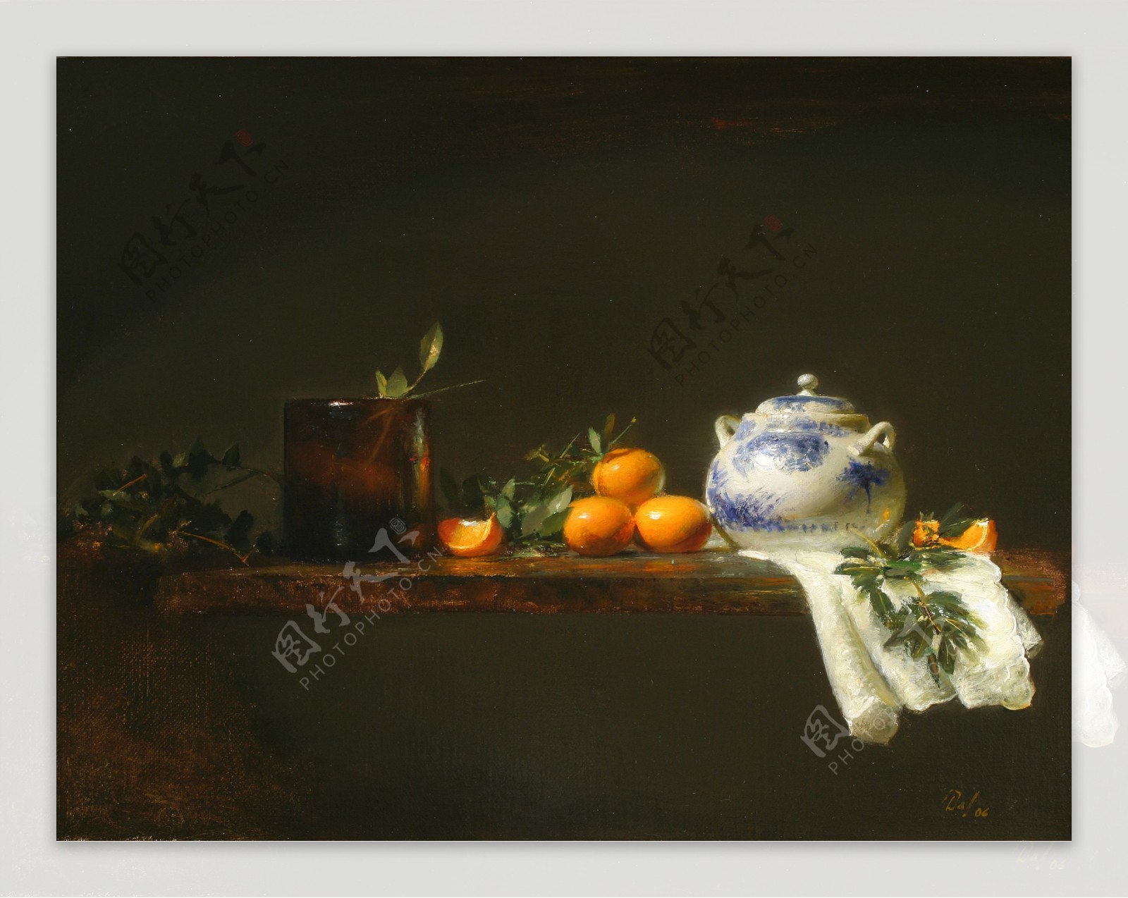 橘子茶壶静物油画图片