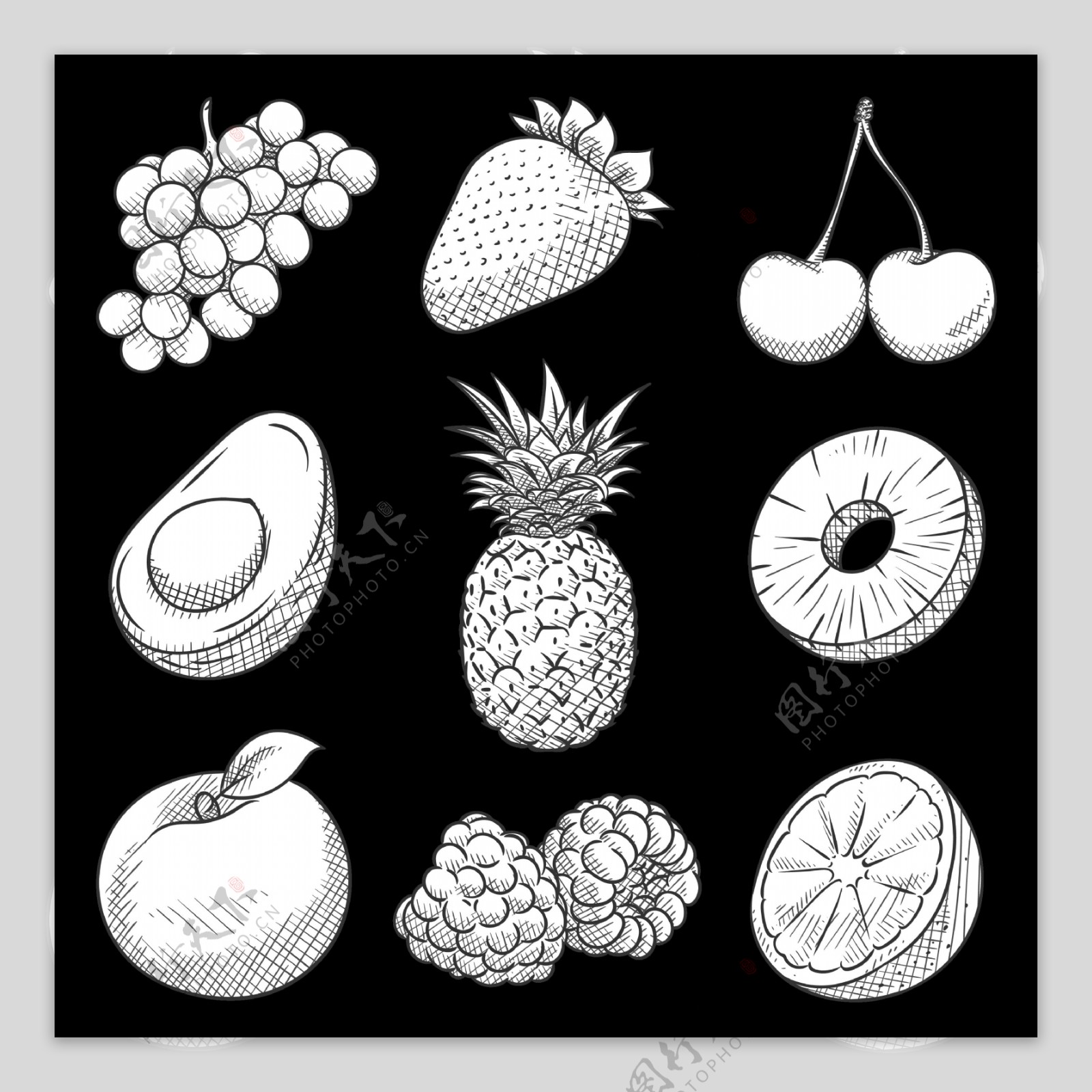 手绘黑白水果插画图标免抠png透明素材