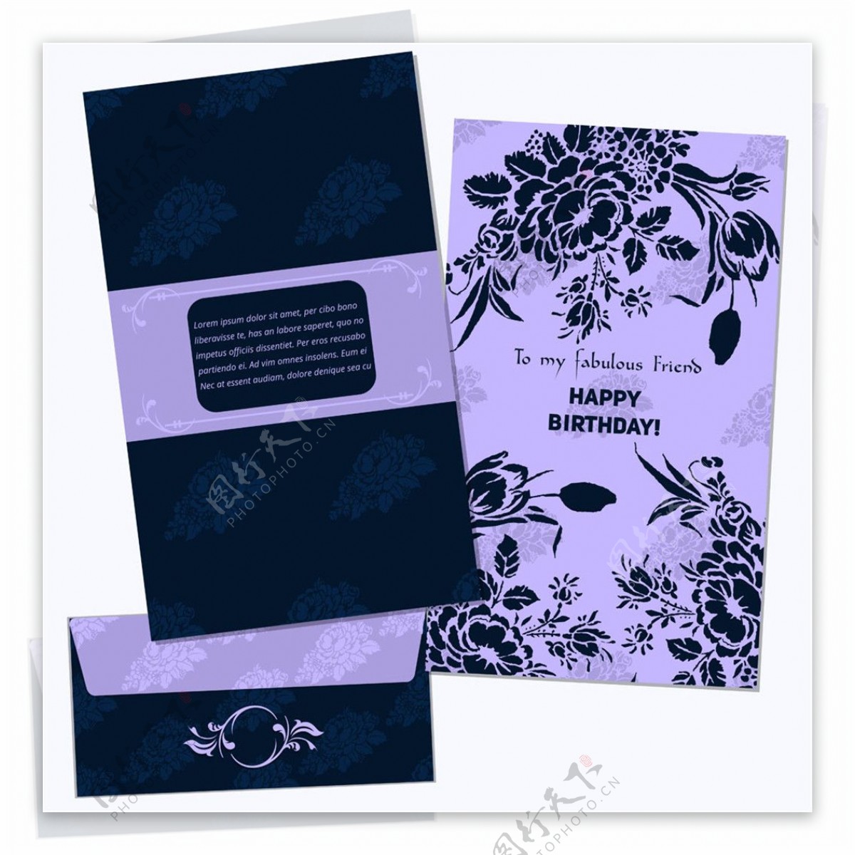 紫色植物花纹婚礼请贴图片