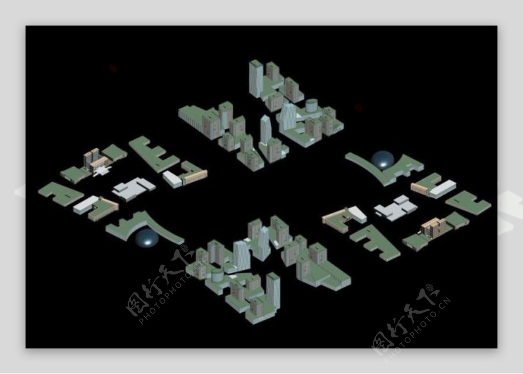 MAX现代创意字母建筑群3D模型图