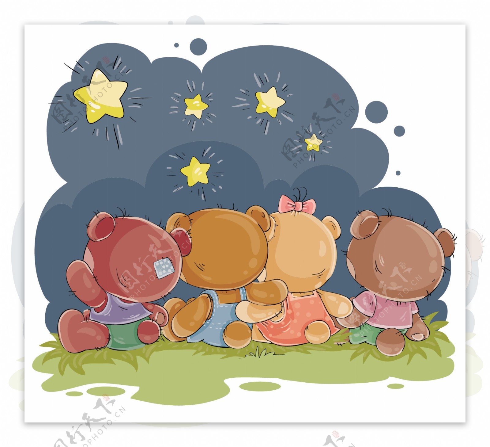 卡通4只小熊看星星