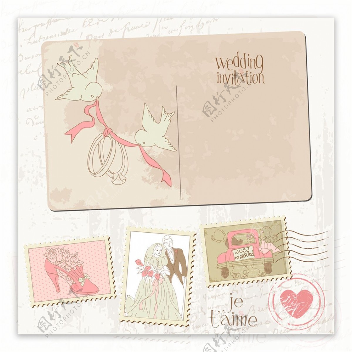 怀旧婚礼邮票与明信片图片