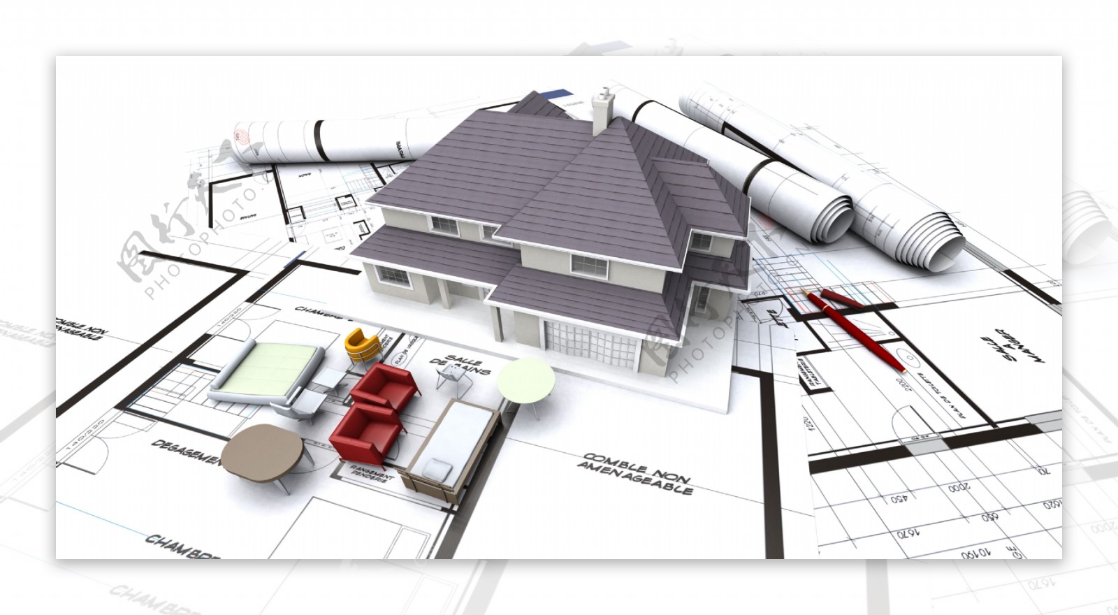 建筑设计图与房屋模型图片