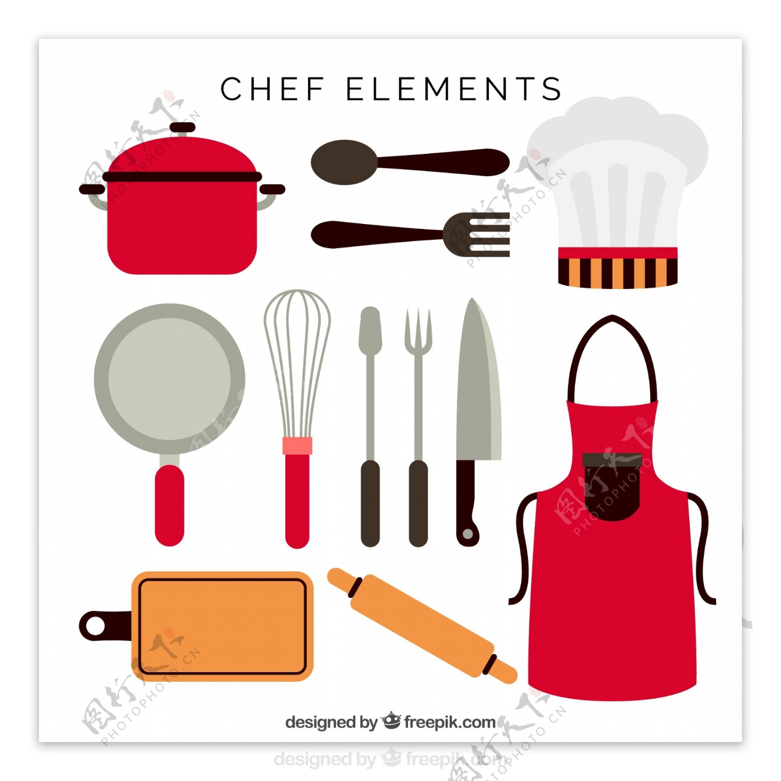 手绘各种厨师用品厨具平面设计素材