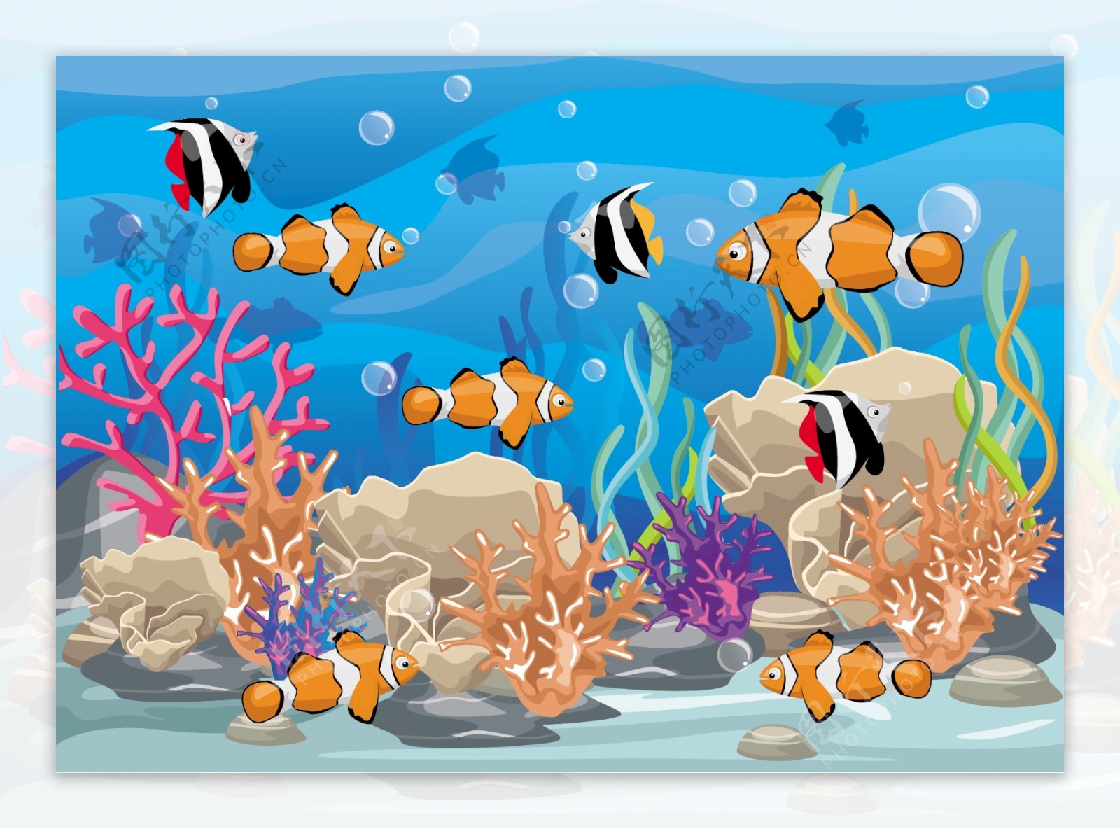 卡通海底珊瑚礁鱼
