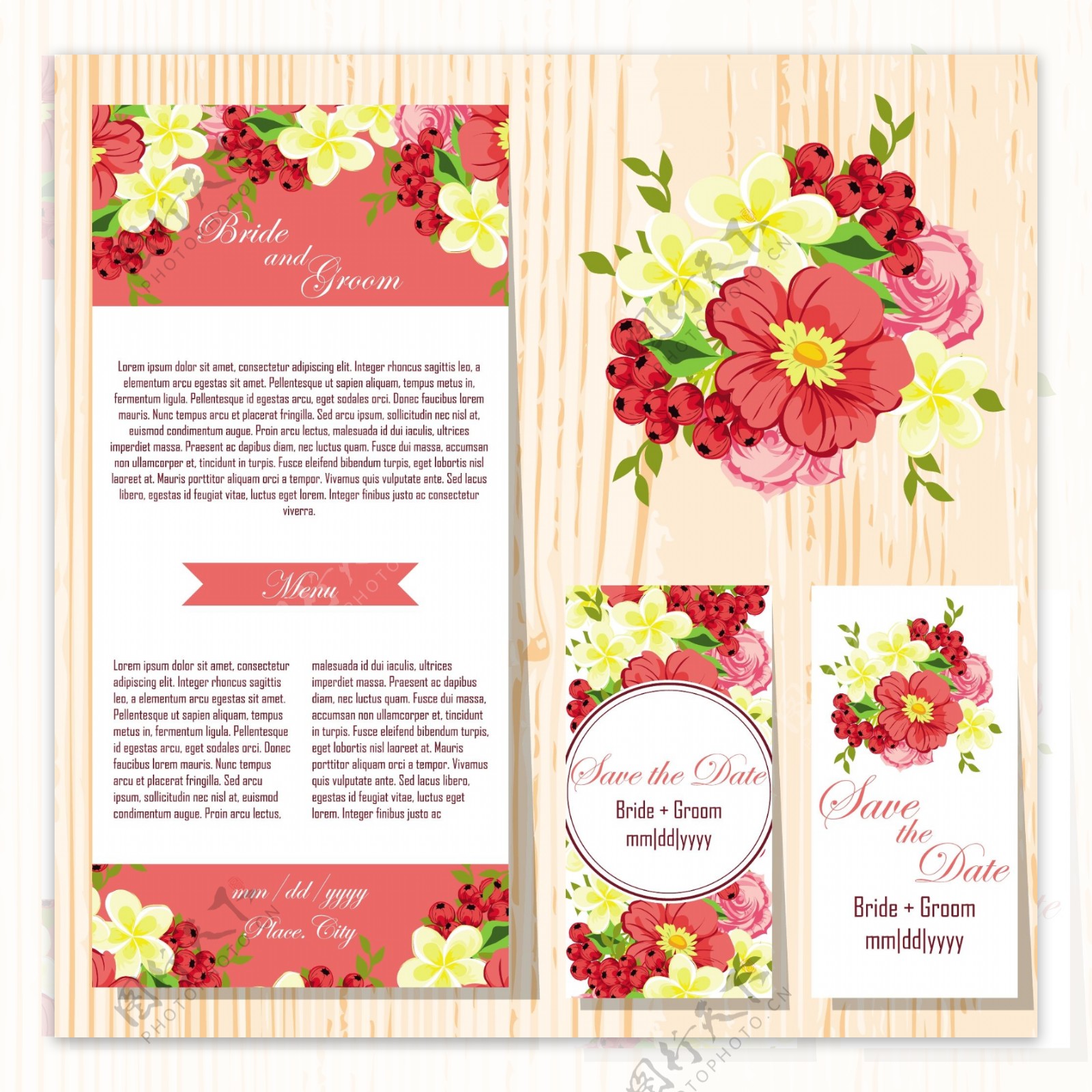 红色花朵婚礼卡片矢量素材