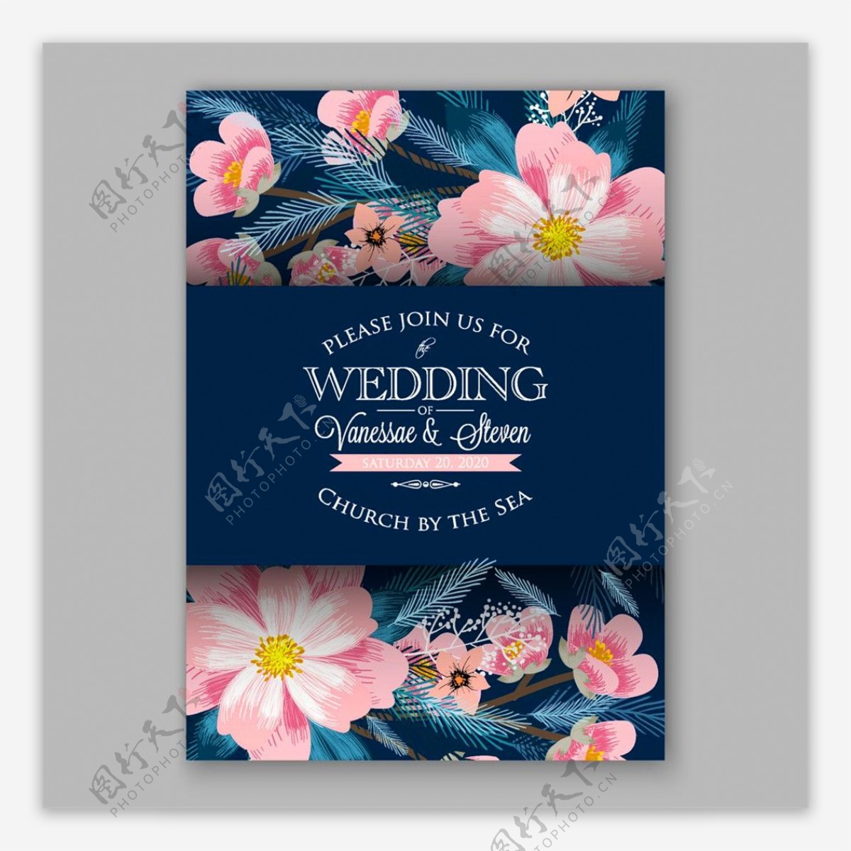 水彩盛开的花朵叶子婚礼请贴图片