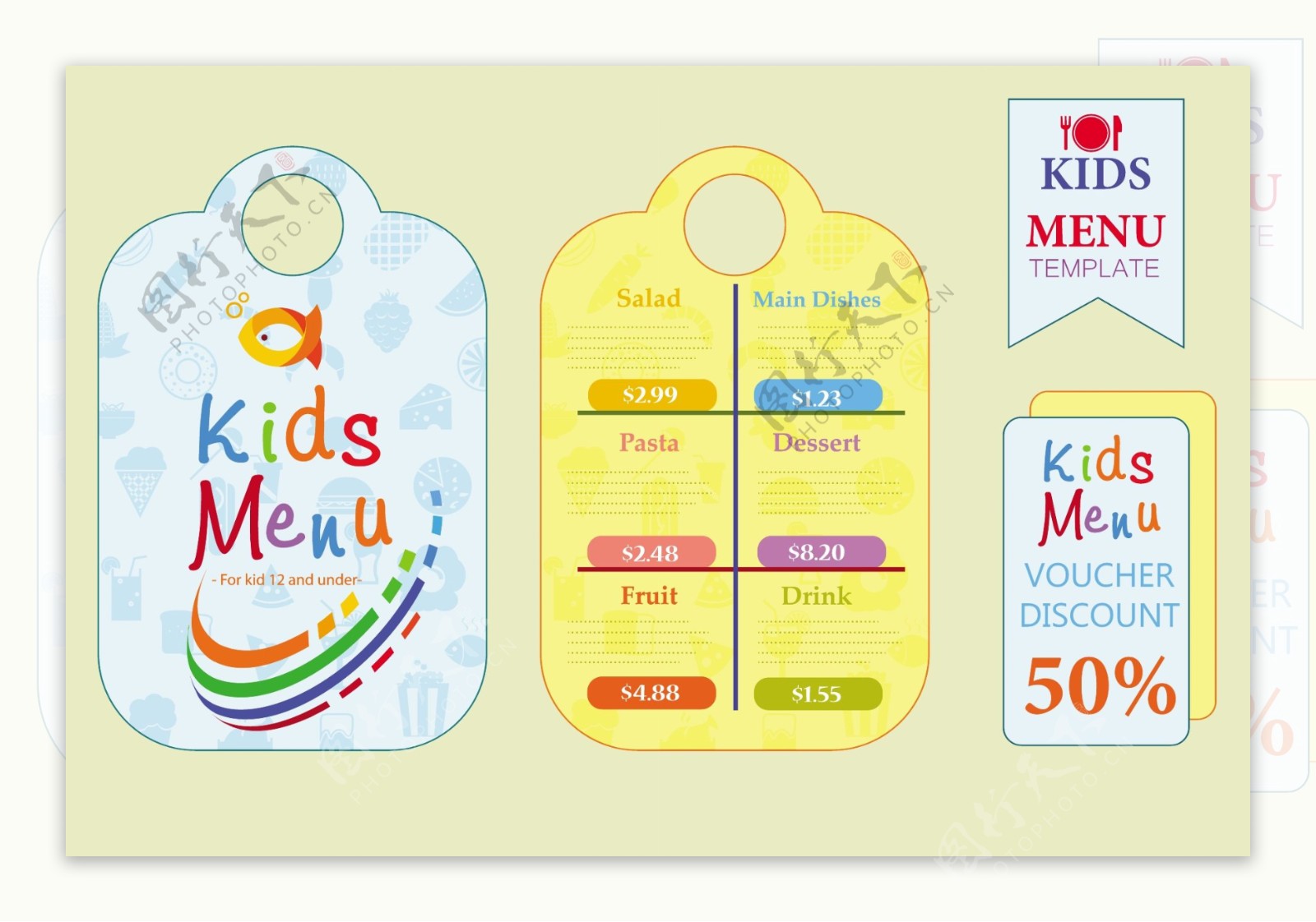孩子菜单集设计与色彩斑斓的可爱风格