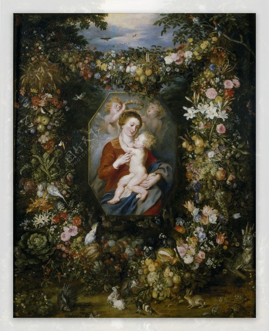 鲜花里的圣母玛利亚油画图片