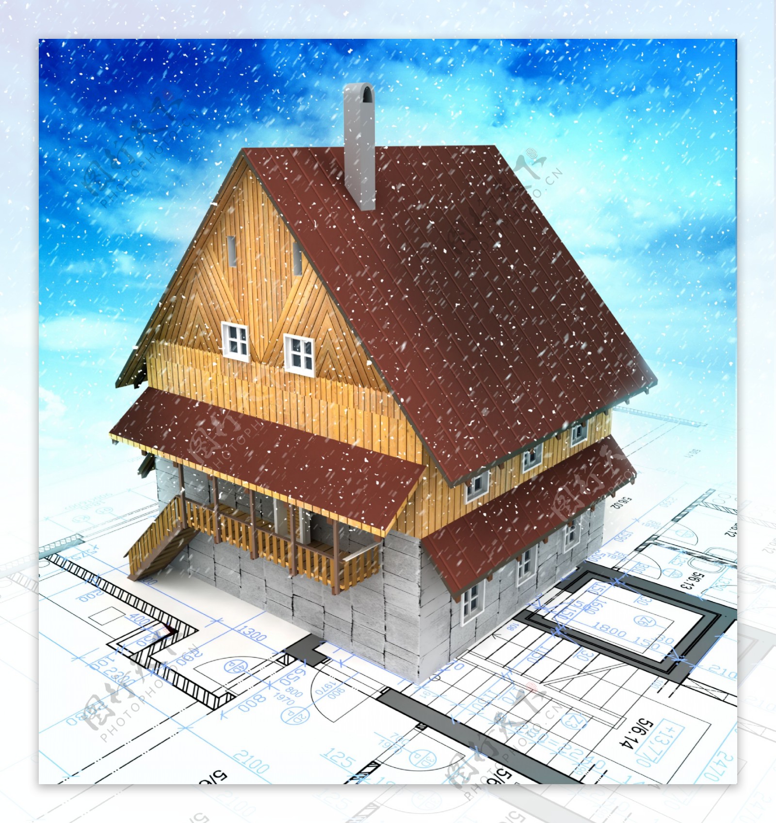 房子建筑模型与建设设计图稿图片
