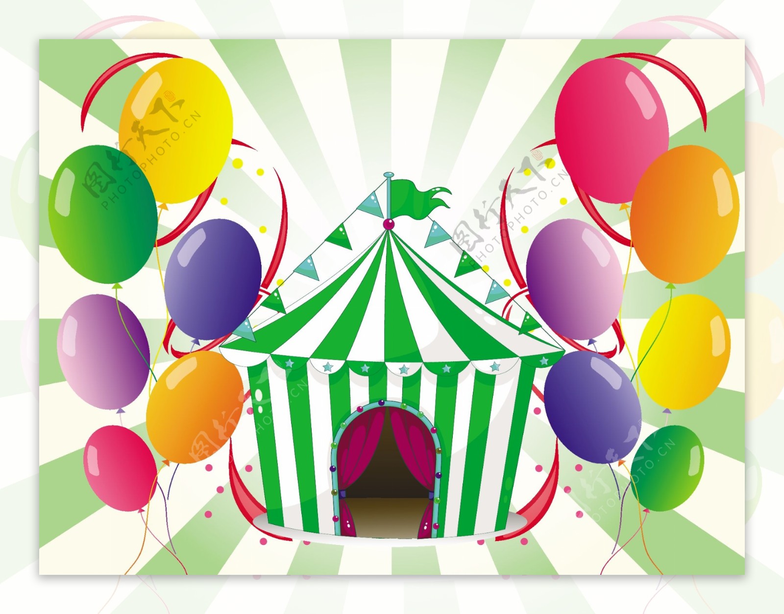 在白色背景的彩色气球的中心画一个绿色马戏团帐篷