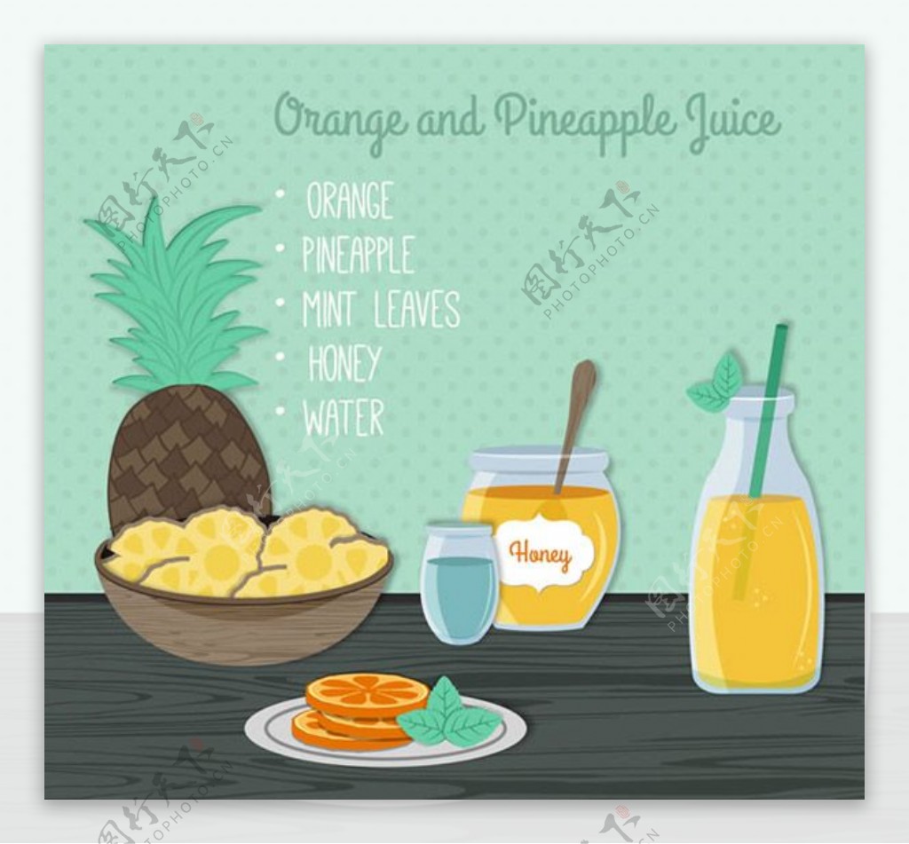 橙子和菠萝汁矢量素材下载
