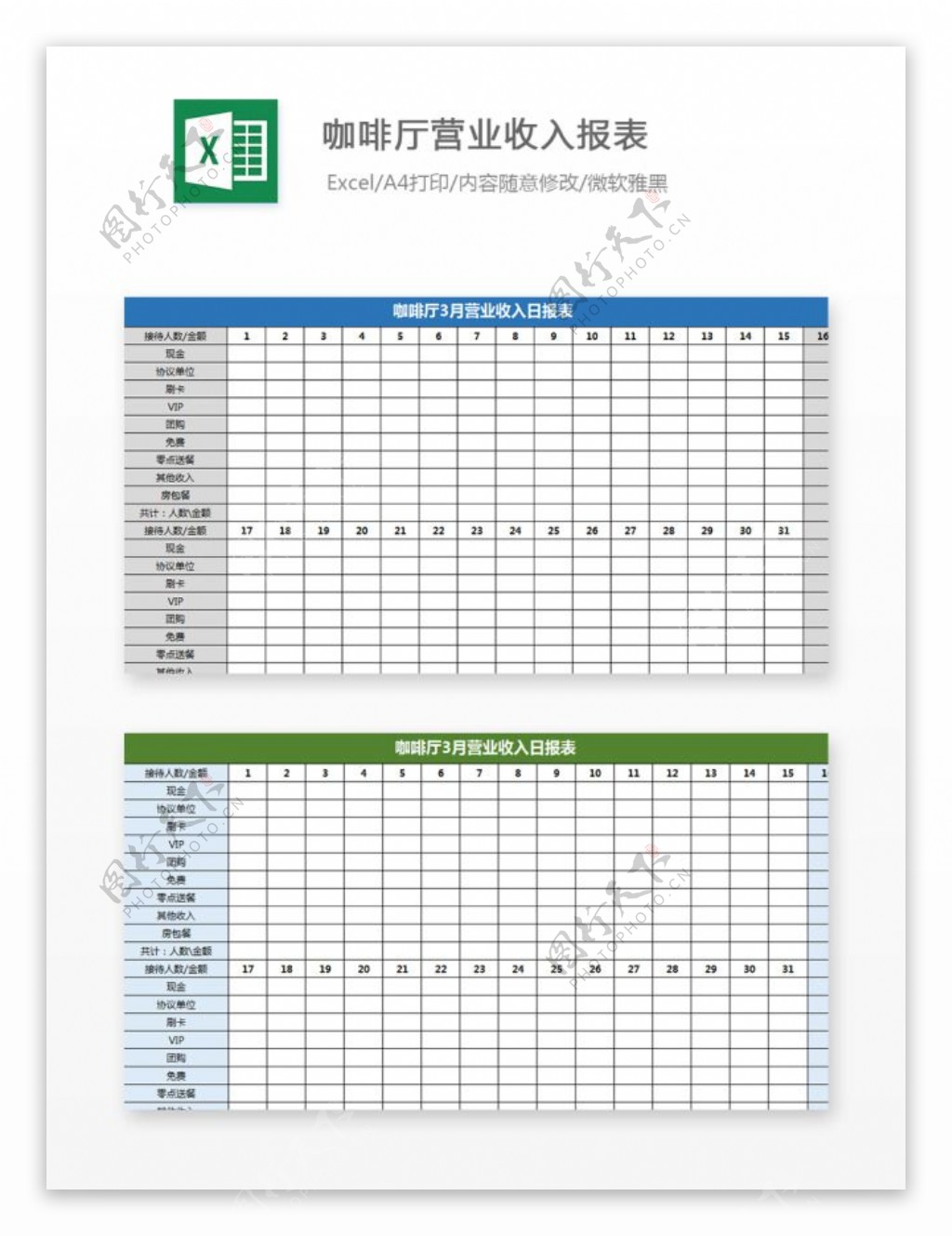 咖啡厅营业收入报表Excel图表