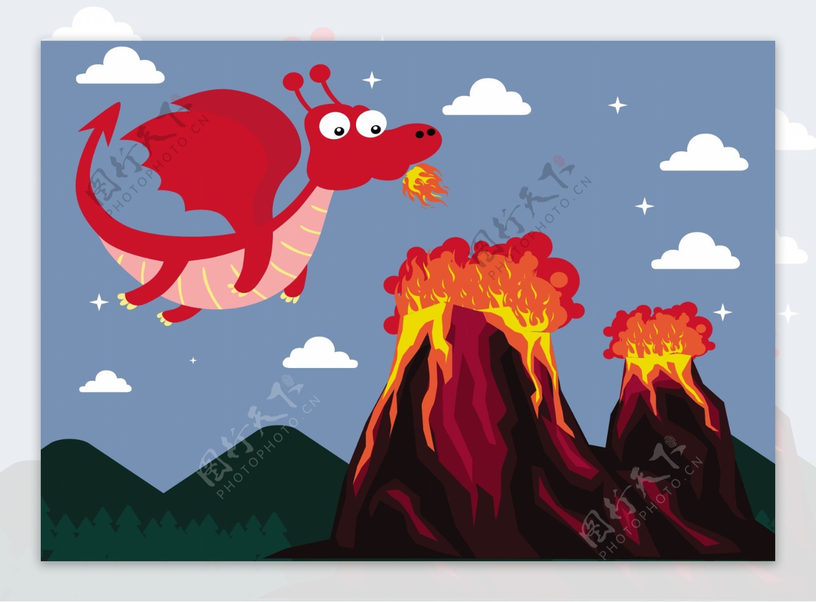 可爱火龙与火山背景图