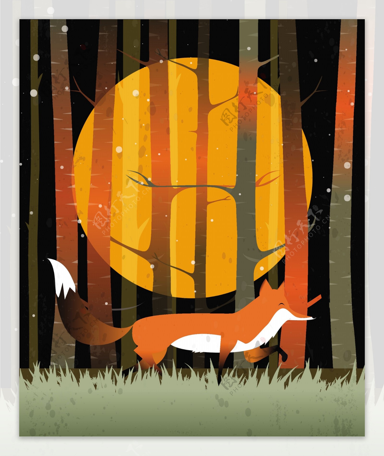 森林里黄色狐狸与圆月背景图