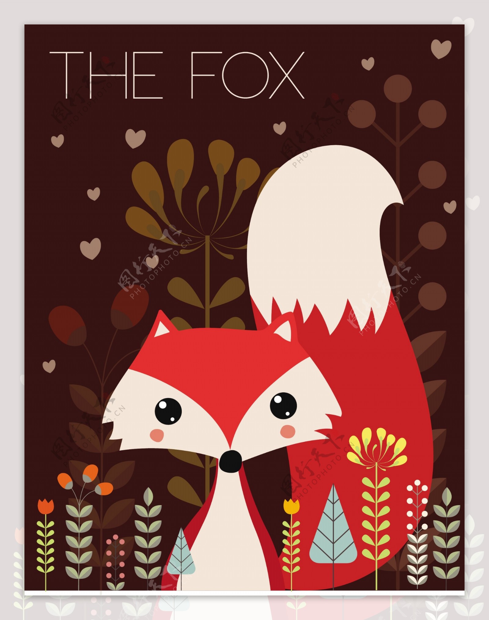 可爱红色狐狸鲜花背景图