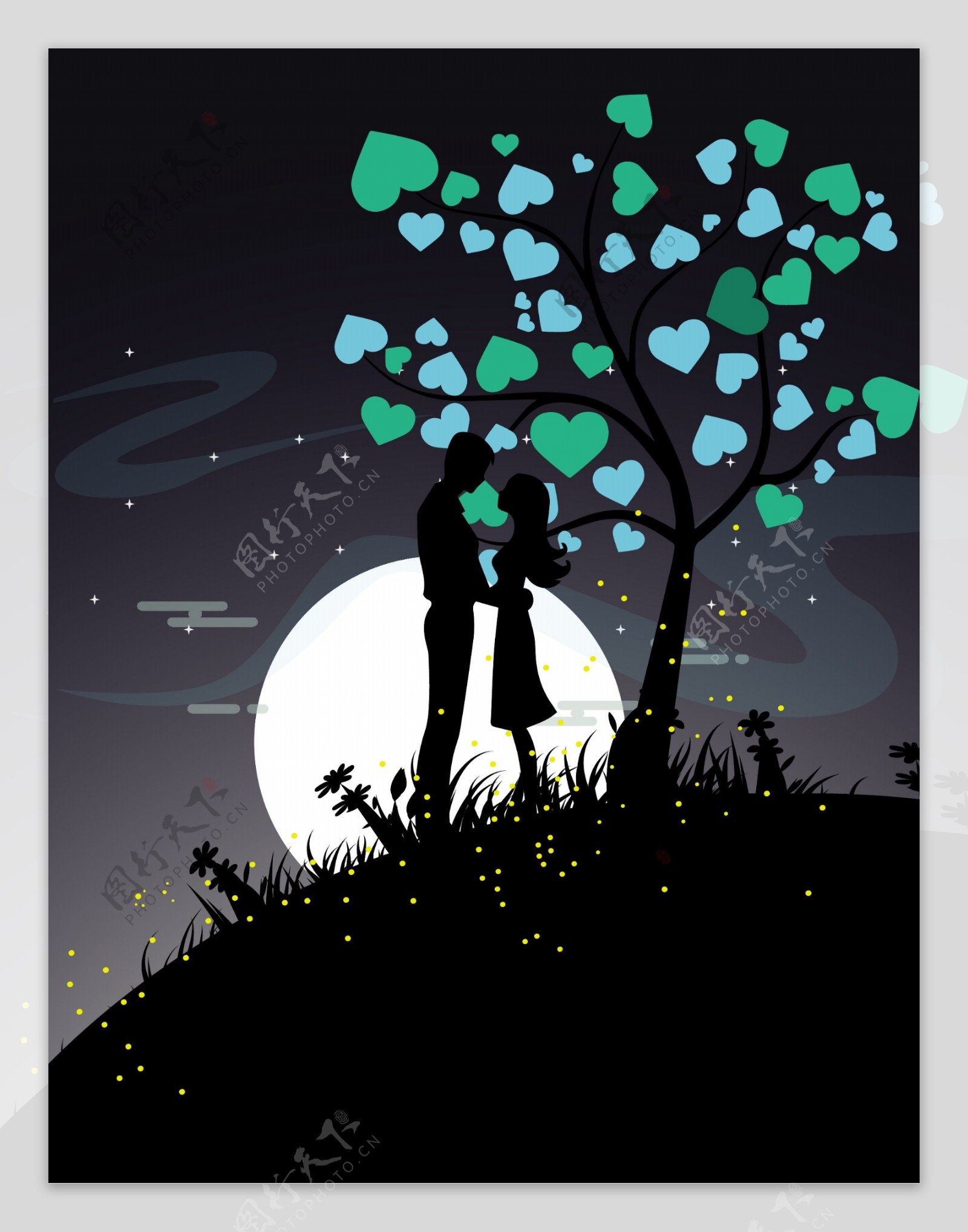 黑夜爱心树下的情侣背景图