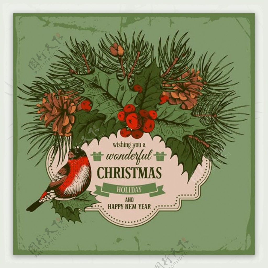 枸骨和鸟圣诞新年贺卡矢量素材下载