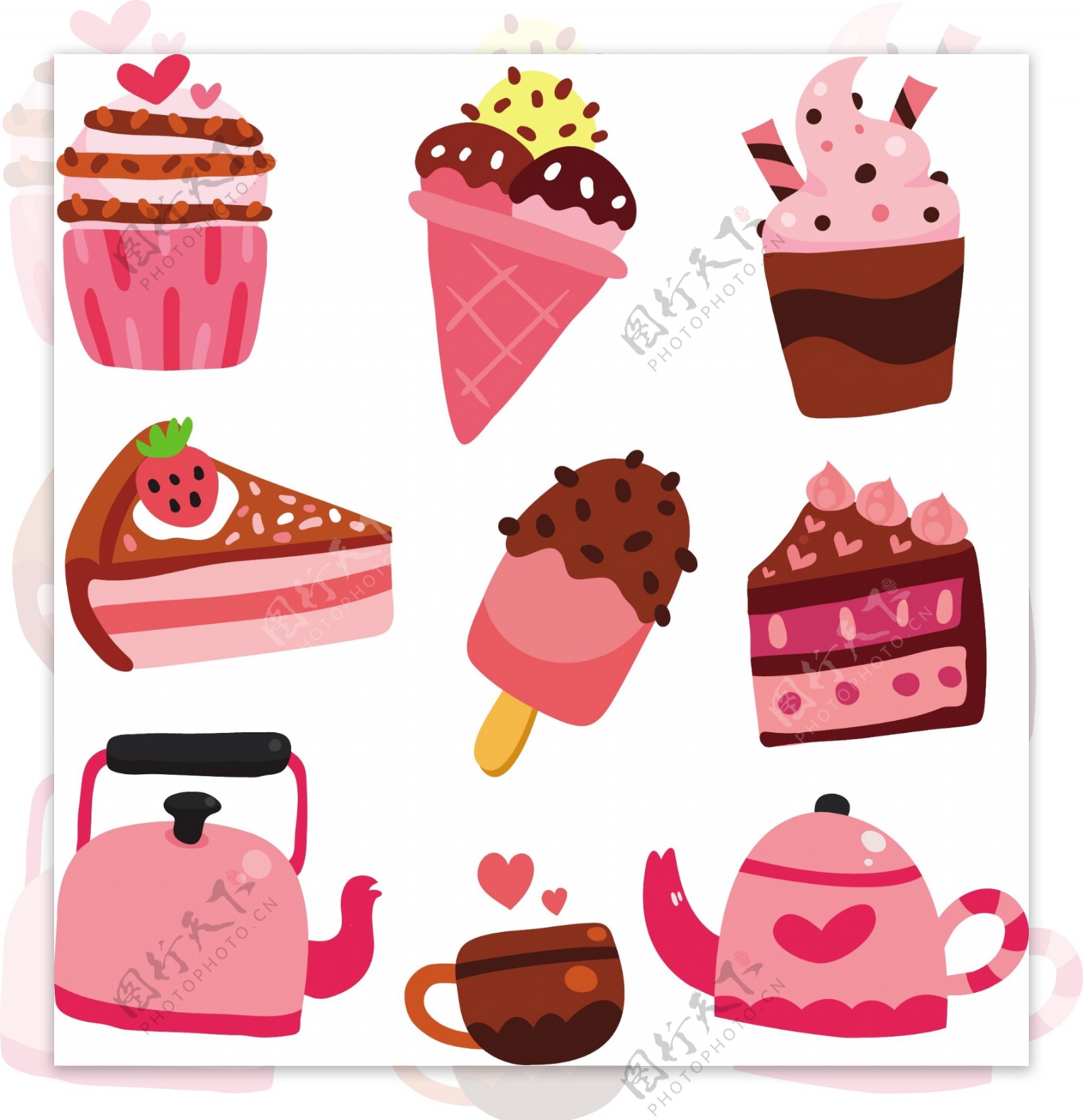 手绘可爱的各种冰激凌蛋糕咖啡插图