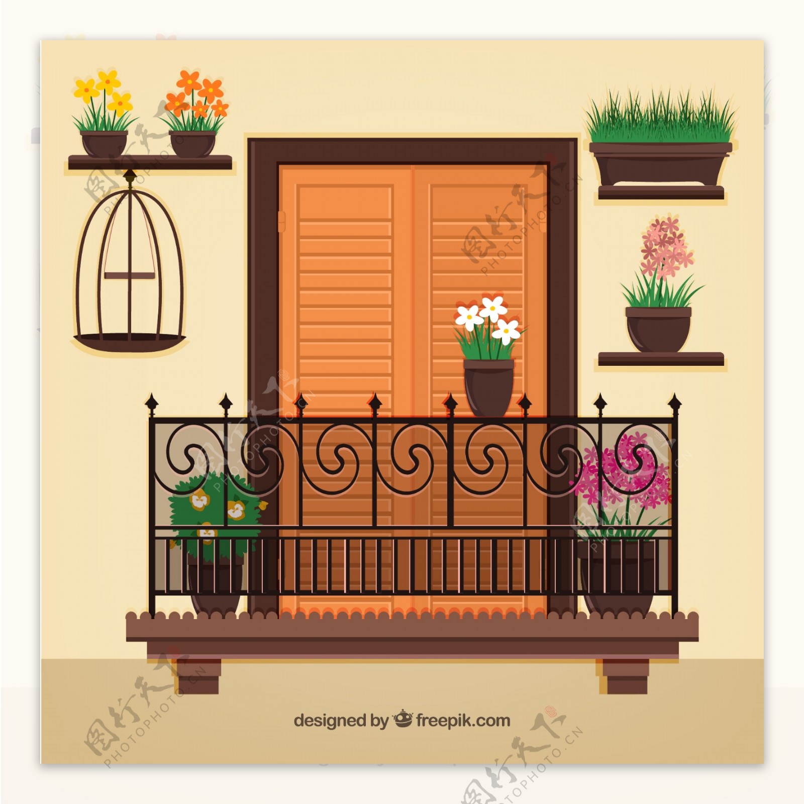 美丽欧式阳台和盆栽矢量素材
