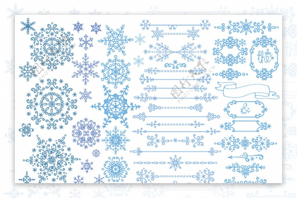 蓝色雪花纹与花边矢量素材