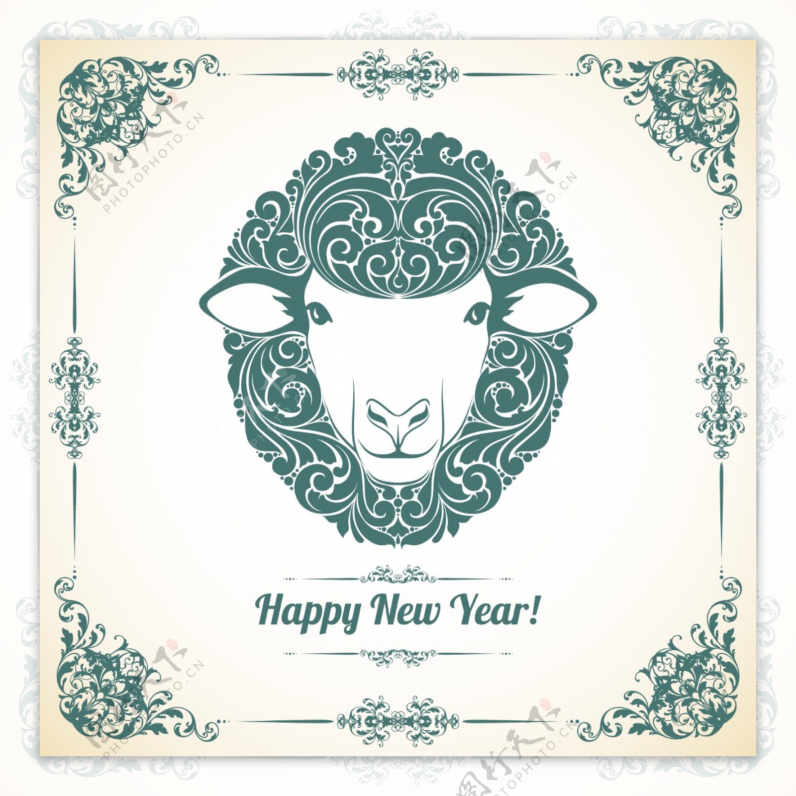 绿色手绘绵羊头新年贺卡矢量素材