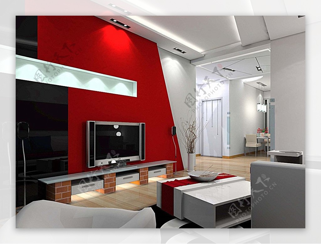 红色现代风格室内施工图附效果图图片