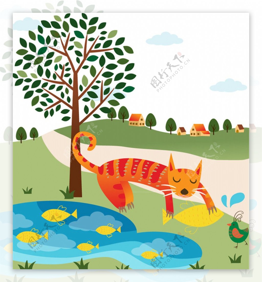 池塘边捉鱼的猫矢量素材