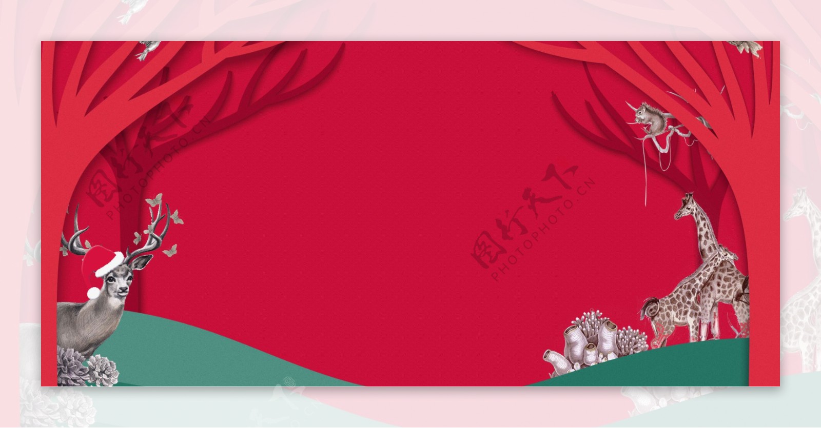 淘宝天猫圣诞节红色卡通动物全屏海报背景