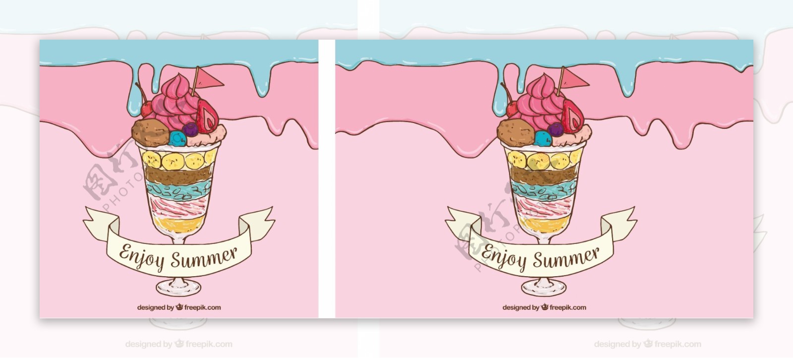 手绘彩色杯装冰淇淋插图背景