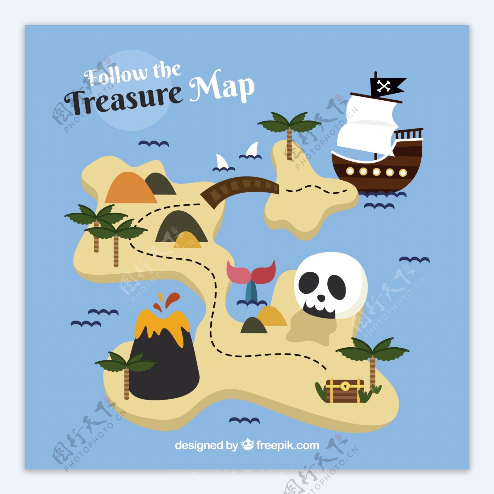 手绘扁平风格海盗宝藏地图背景