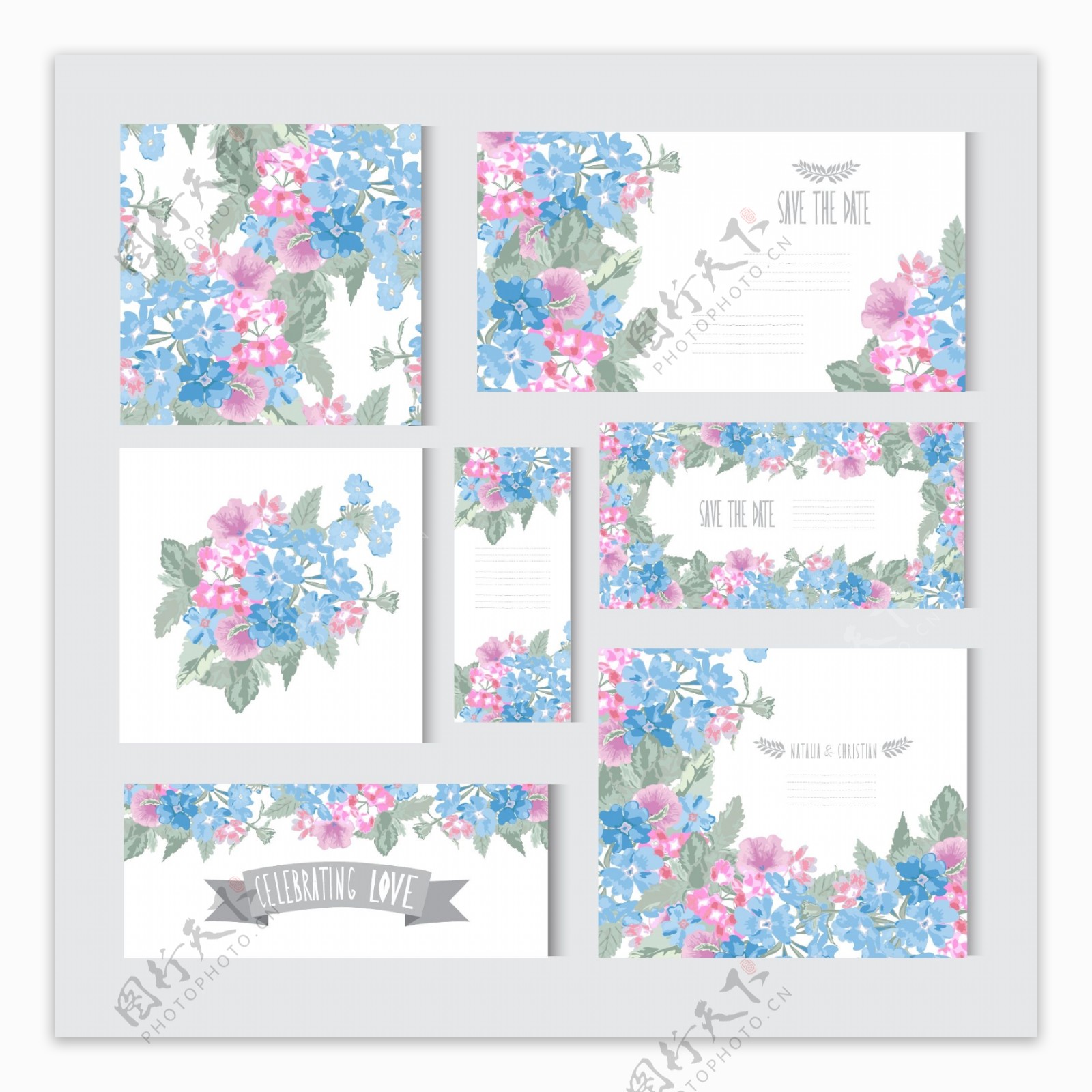 漂亮蓝色的粉色花朵卡片矢量源文件